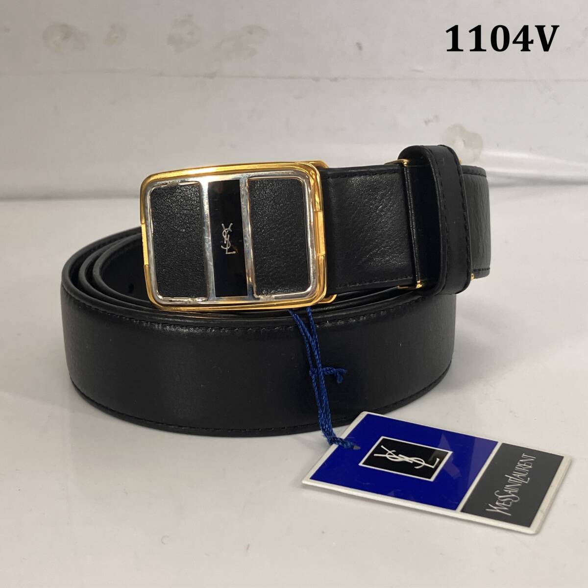 (志)【未使用タグ付】Yves Saint Laurent/イヴサンローラン 本革 牛革 レザーベルト ブラック 黒 ゴールドバックル YSL(I)1104V拍卖