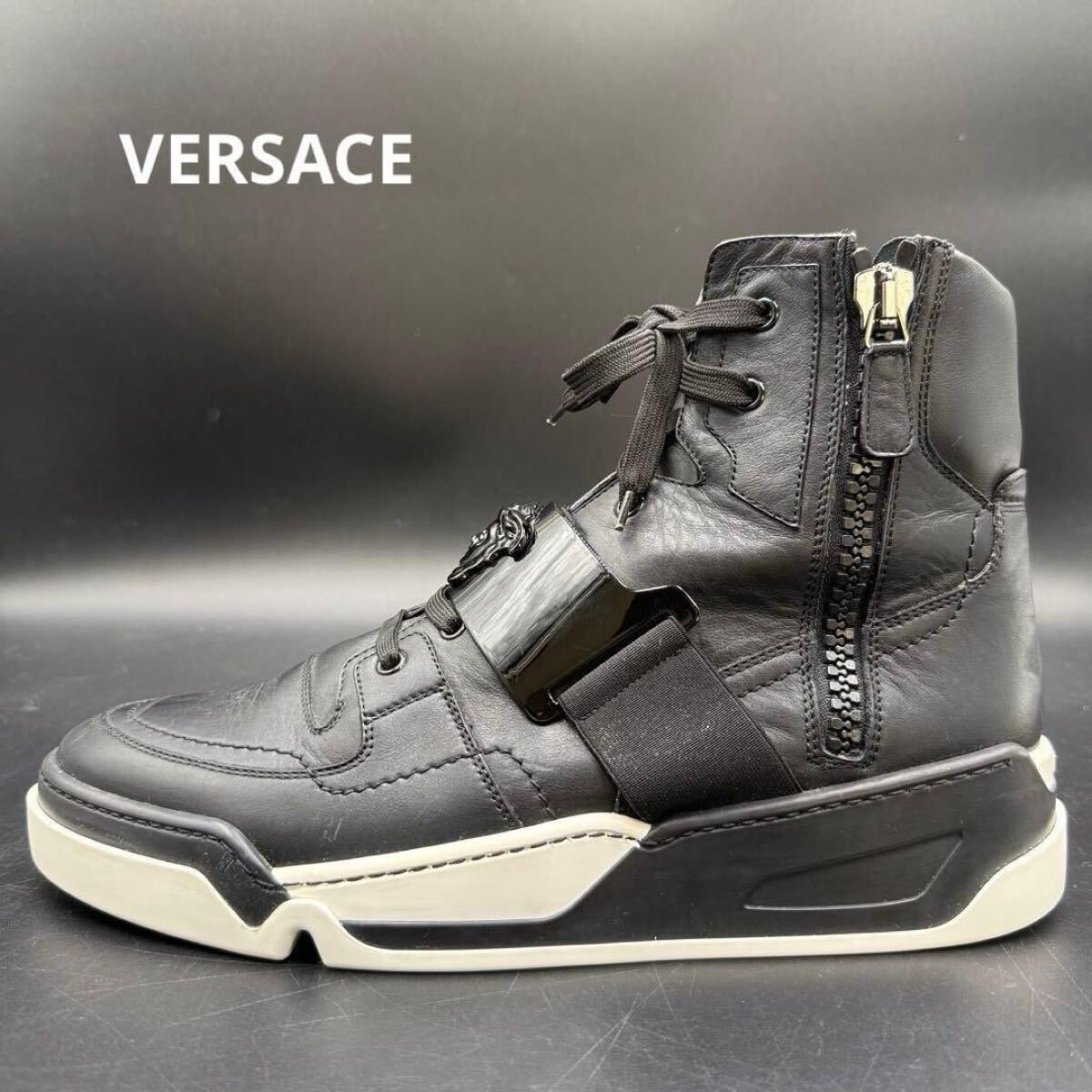 1円 【美品】 VERSACE ヴェルサーチ メデューサ 金具 ロゴバンド サイドジップ ハイカット スニーカー 靴 シューズ ブラック 黒 29cm相当拍卖