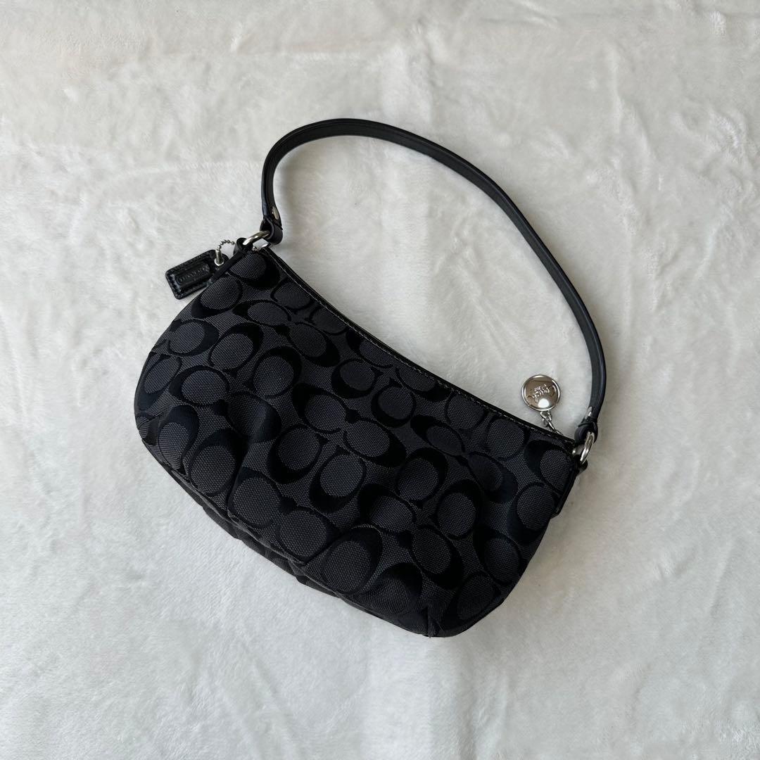 COACH コーチ アクセサリーポーチ ハンドバッグ シグネチャー キャンバス レザー ブラック 黒拍卖