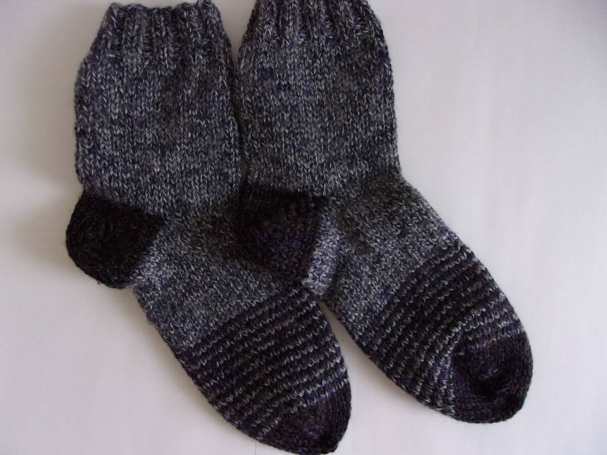 ブルーグレー 毛糸の手編みソックス くつ下 23~24㎝ ハンドメイド 拍卖