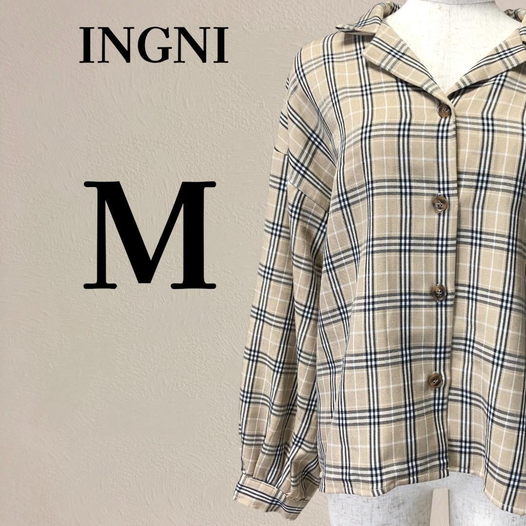 【美品】イング INGNI チェック柄開襟ボリュームスリーブシャツ M ベージュ拍卖