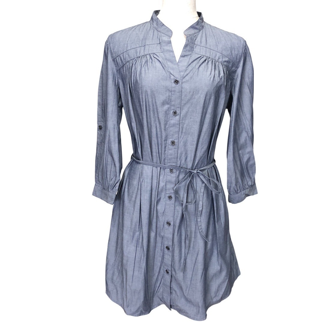 【美品】ユニクロ ベルト付デニム風 七分袖 半袖 シャツワンピース L ブルー拍卖
