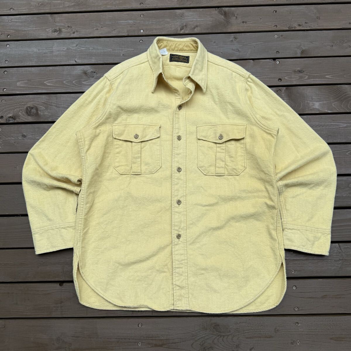 70s USA製 Eddie Bauer Chamois Cloth Shirt シャモアクロスシャツ 筆記体タグ Lサイズ イエロー 状態良好 検 ネル fivebrother bigmac拍卖