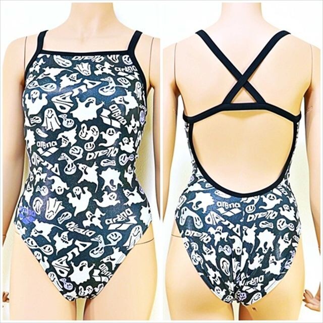 BE4-Z59☆//新品同様♪arenaアリーナ競泳水着*ポップなゴースト柄×キラキラ☆黒パイピング※一番安価な送料はゆうパケットなら250円拍卖