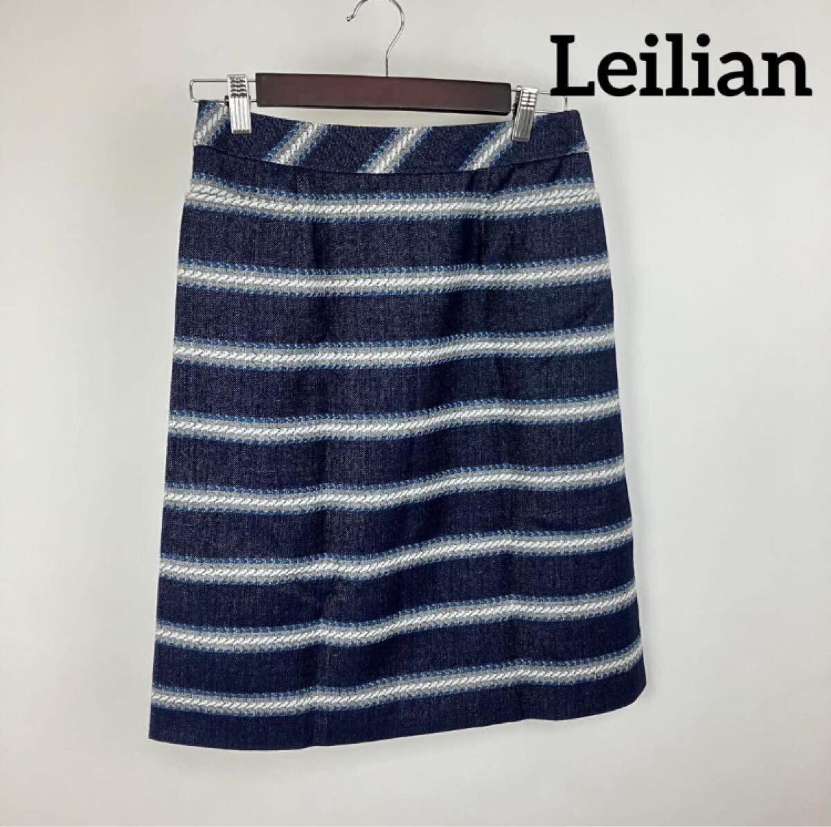 Leilian レリアン スカート 台形 デニム ネイビー ボーダー ウール ロングスカート タイトスカート スカート拍卖