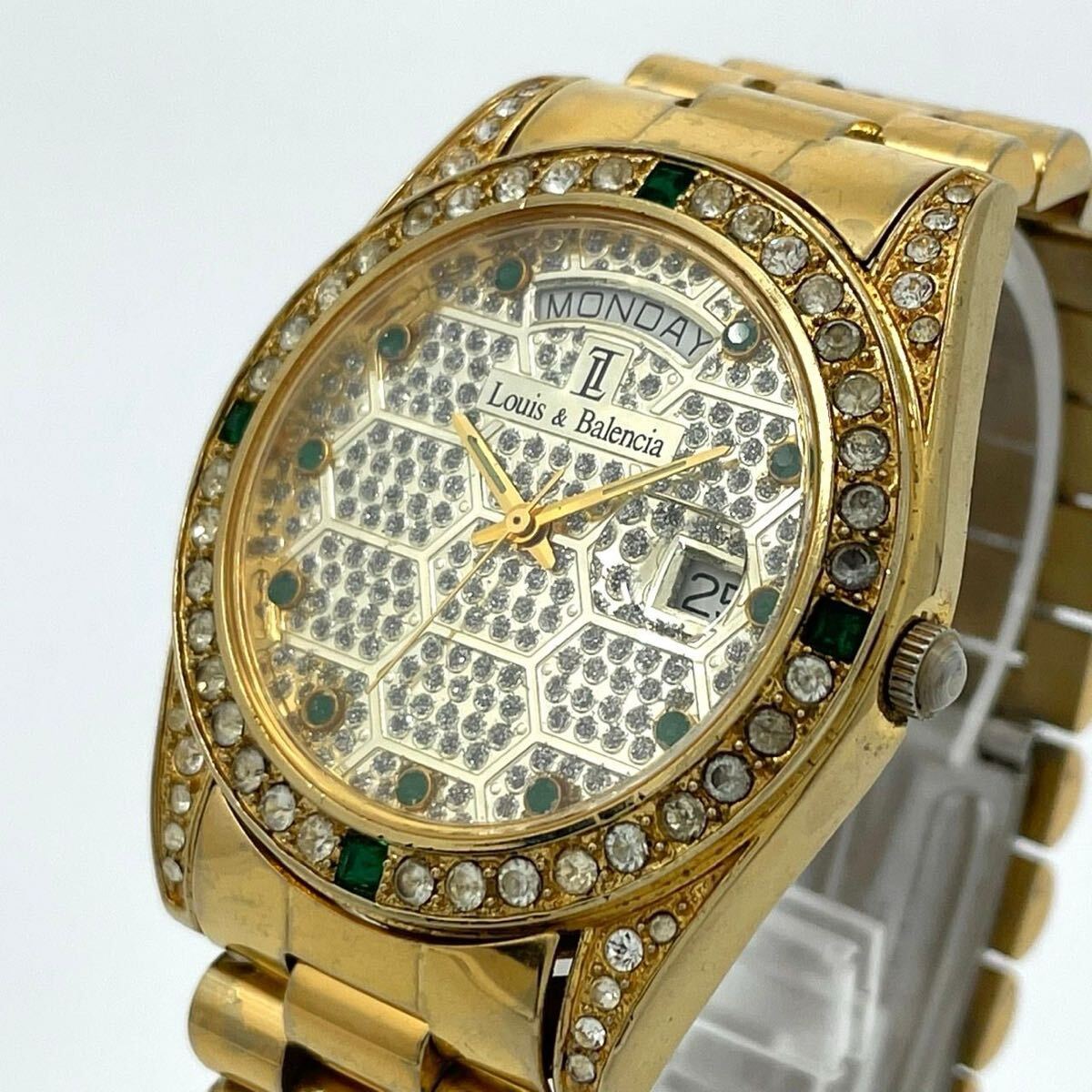 【良品】Louis & Balencia レディース腕時計 Gold ラインストーン デイデイト Honeycomb ゴージャス 拍卖