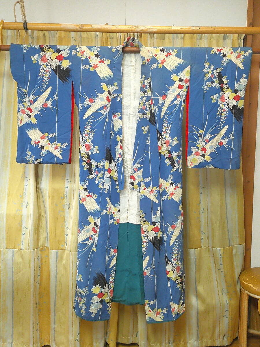 着物『鬼ちりめん 絹 青色(花、手漕ぎ船の絵柄)』縮緬 古布 リメイク素材 アンティーク ※シミ、変色有り拍卖