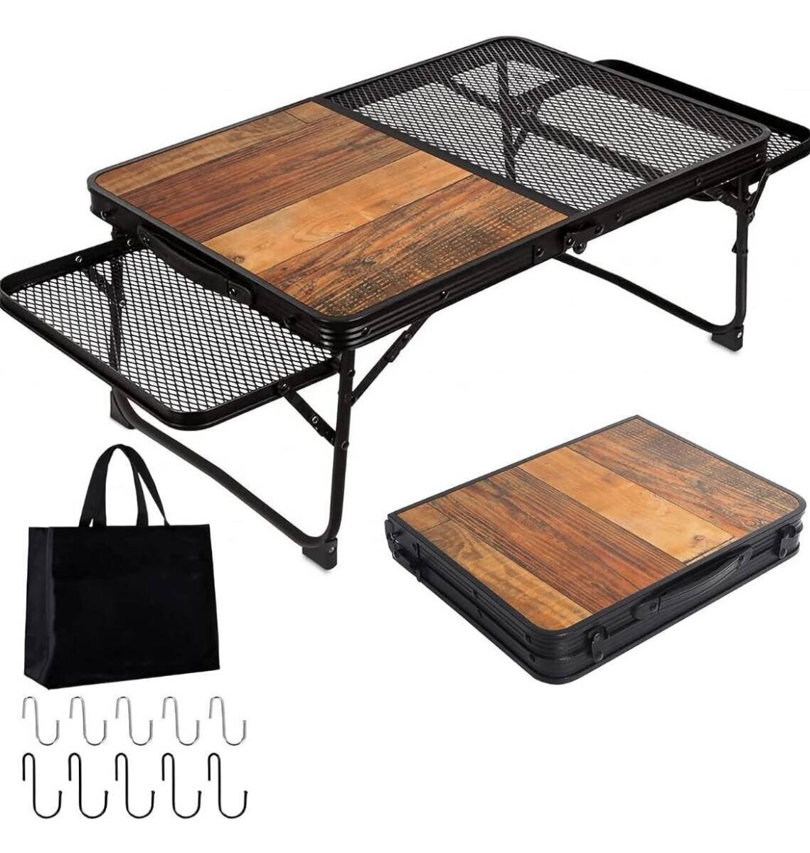 新品キャンプ テーブル メッシュ サイドテーブル付き アウトドア テーブル木目 軽量 折りたたみテーブル コンパクト ローテーブル 折り畳み拍卖