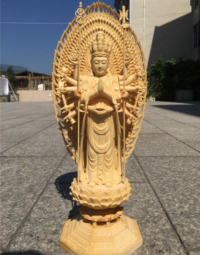 上品/綺麗 仏教美術 精密彫刻 仏像 手彫り 八角台座 桧木製 千手観音菩薩 高さ約43cm拍卖