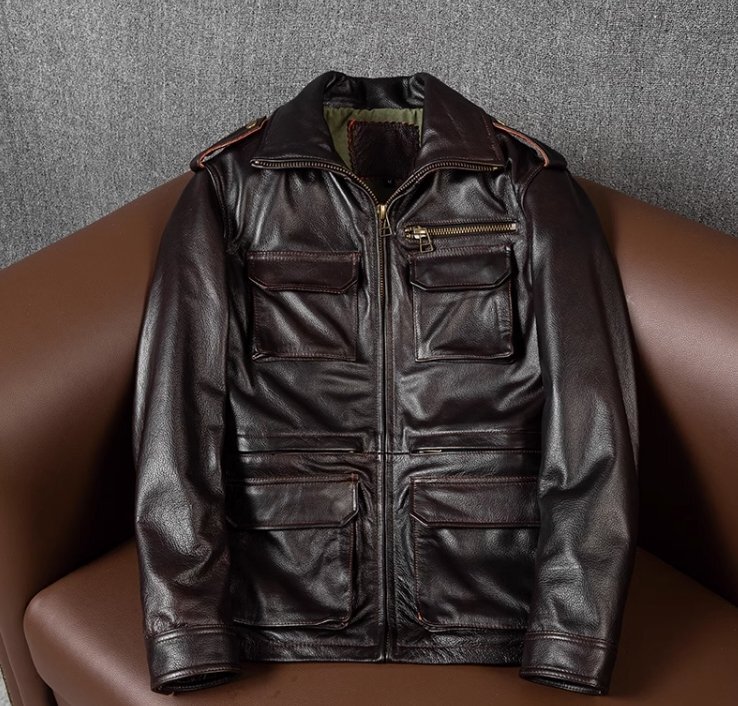 ★M-65 レザージャケット 牛革 サファリジャケット 革ジャン 本革 メンズファッション ポケット沢山 メンズファッション カーコート M~5XL拍卖