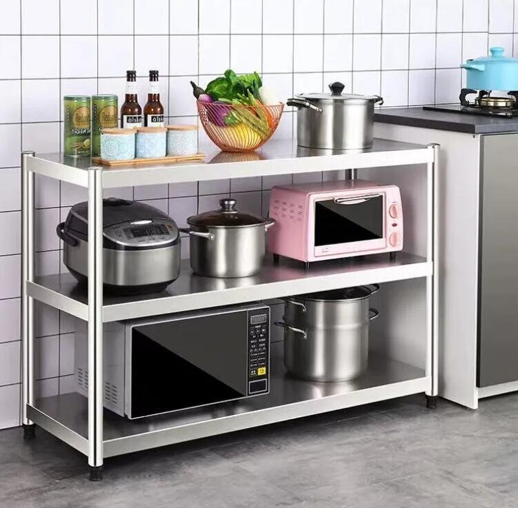 新入荷★実用★ステンレス製のキッチンラックを厚くした2段の床置き収納棚電子レンジオーブン家庭用収納棚拍卖