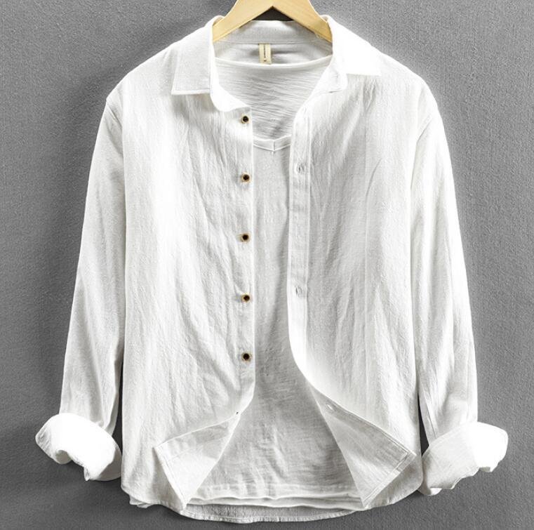 春夏秋新品 リネンシャツ メンズ 長袖シャツ 綿麻シャツ 無地 細身ワイシャツ ビジネス カジュアル トップス 大きいサイズ有り 白 3XL拍卖