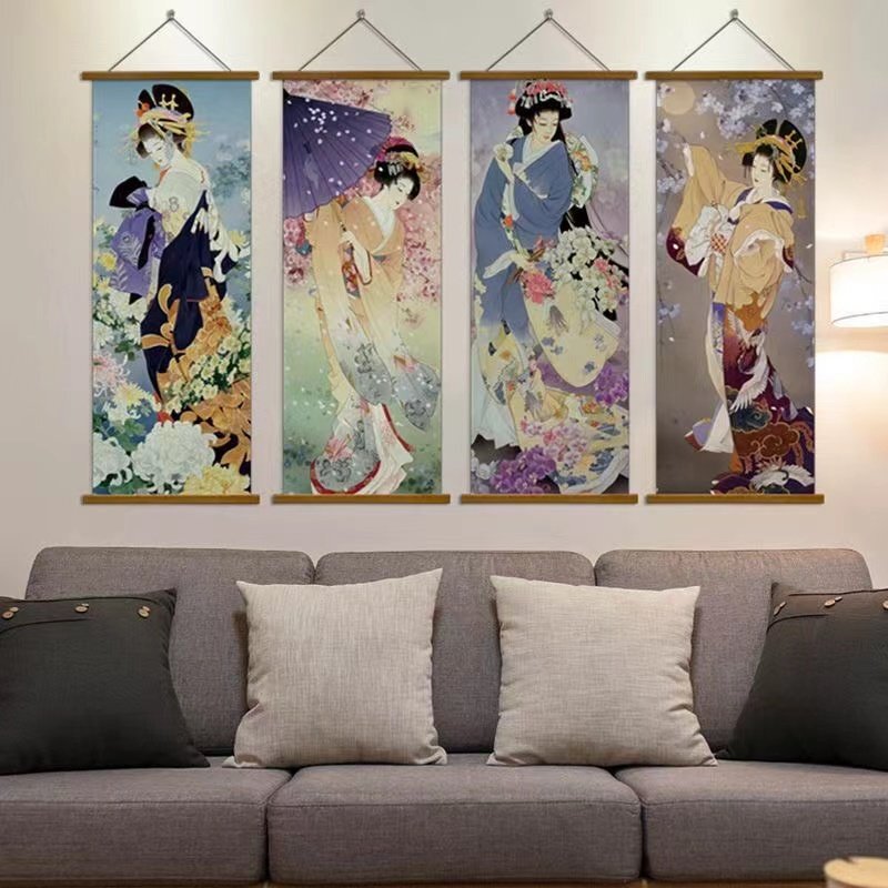 美品★玄関背景布アート寝室ベッドサイド壁装飾画浮世絵仕女図掛絵和風店舗 4点セットです 45*120cm拍卖