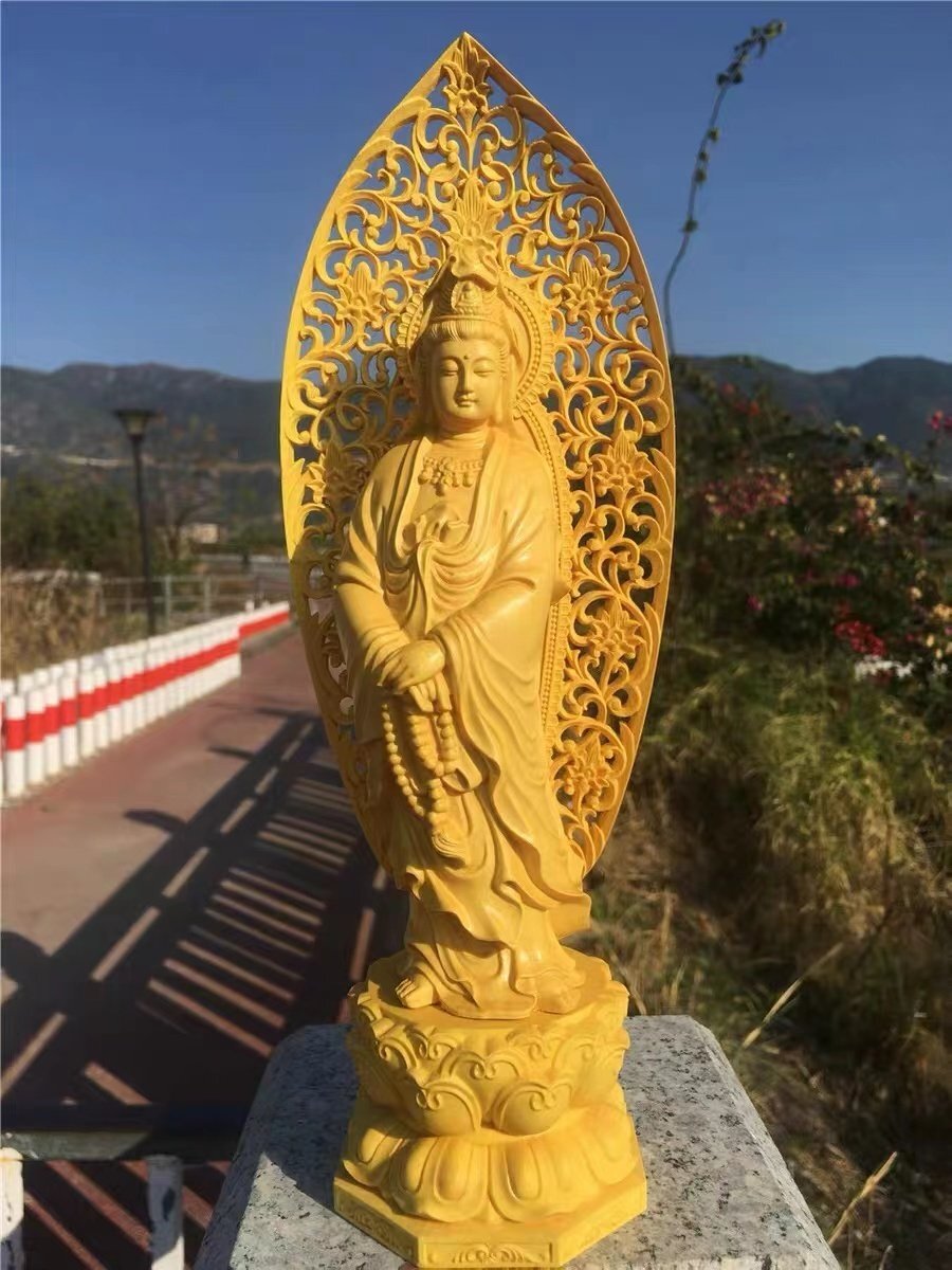 上品/綺麗 仏教工芸品 木彫仏教 檜材 精密彫刻 仏師で仕上げ品 観音菩薩立像 高27cm拍卖