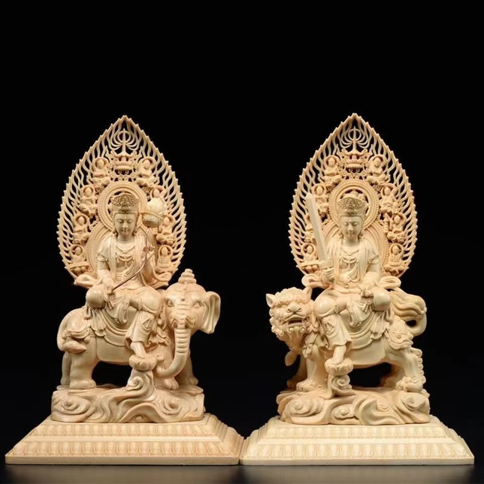 極上品★新品★総檜材/仏教工芸品/ 木彫仏教 精密彫刻/仏師で仕上げ品/文殊菩薩/ 普賢菩薩座像拍卖