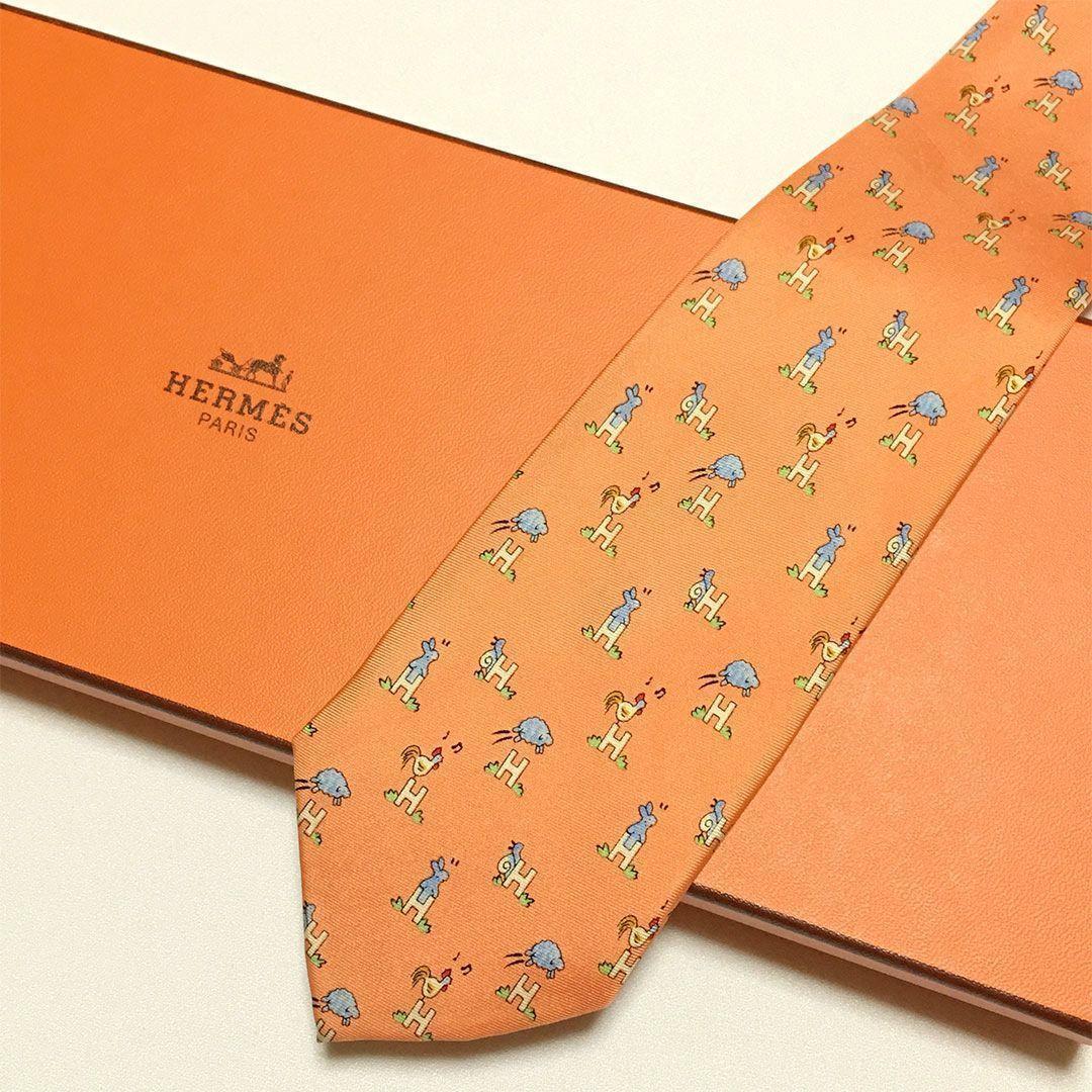 未使用級 エルメス HERMES ネクタイ アニマル柄 ニワトリ ひつじ ビジネス 結婚式 披露宴 成人式 入学式 卒業式 プレゼント 誕生日ギフト拍卖