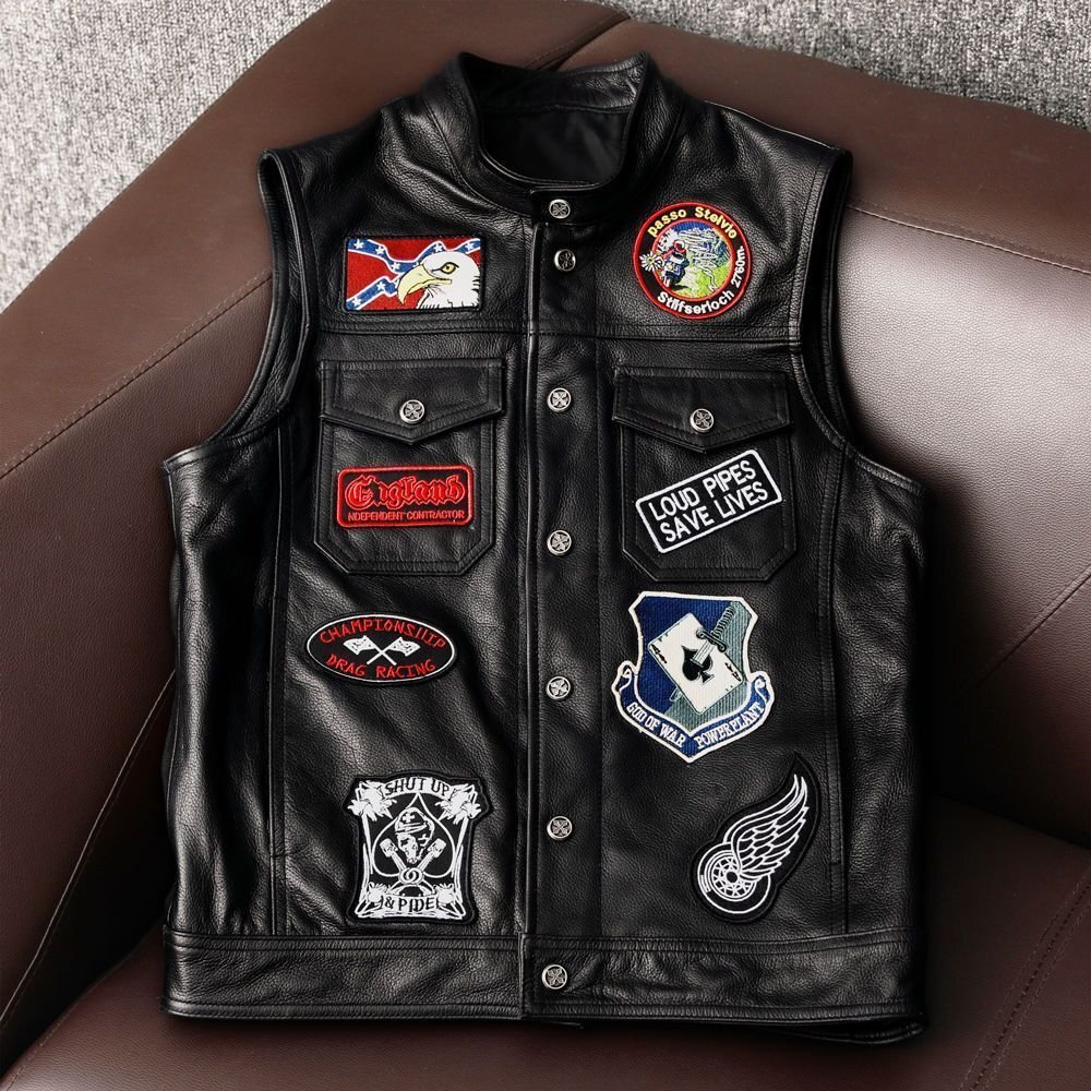 新品レザーベスト ベスト 牛革 刺繍 機関車 バイクベスト 革ジャン 本革 メンズファッションS~4XL拍卖