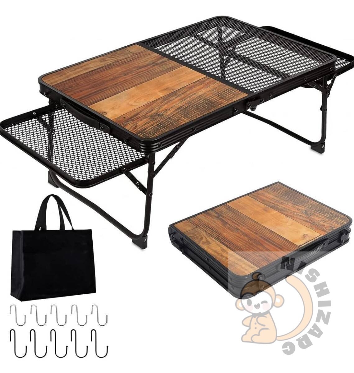 新品キャンプ テーブル メッシュ サイドテーブル付き アウトドア テーブル木目 軽量 折りたたみテーブル コンパクト ローテーブル 折り畳み拍卖