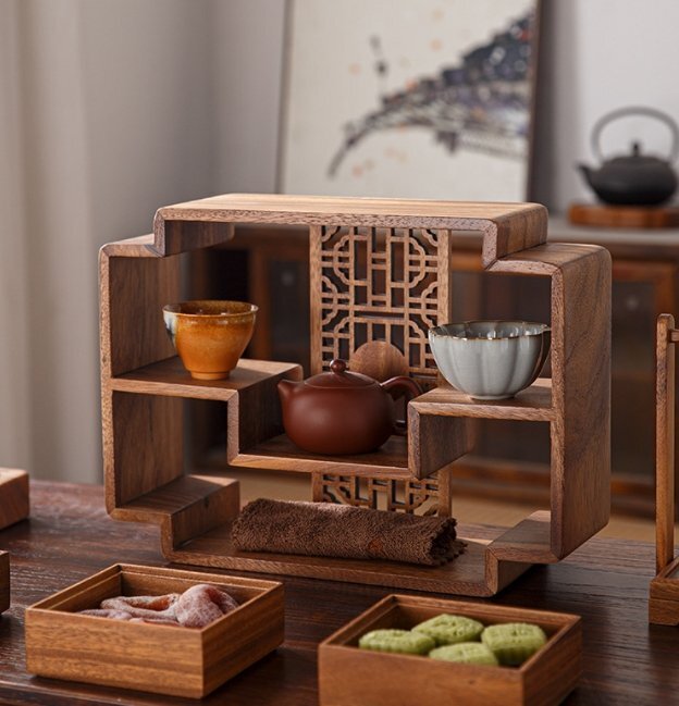 くるみ木置物棚小型テーブルカップ博古棚ティーテーブル収納カップ棚展示棚拍卖