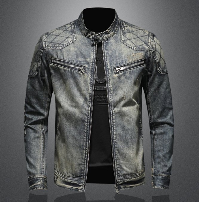 デニムジャケットメンズ春と秋の個性的なスタンドカラージッパーデニムトップス拍卖