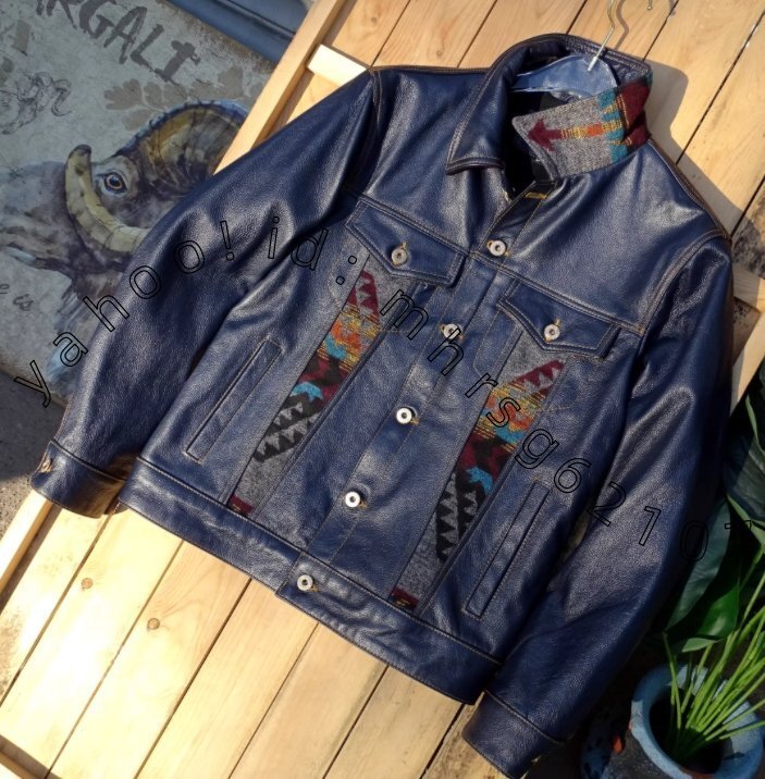 ブルー ファーストレザー デニム風 アメリカンカジュアル レトロ 保温ファーライニング レザージャケット拍卖