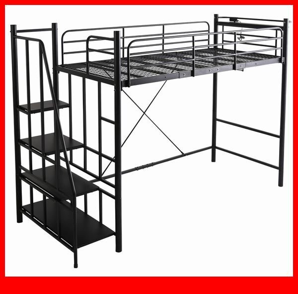 ロフトベッド★新品/大人かわいいインテリア 階段付き パイプロフトベッド/2段階高さ調整 ハイ ミドル 宮 コンセント付/ブラック/a1拍卖