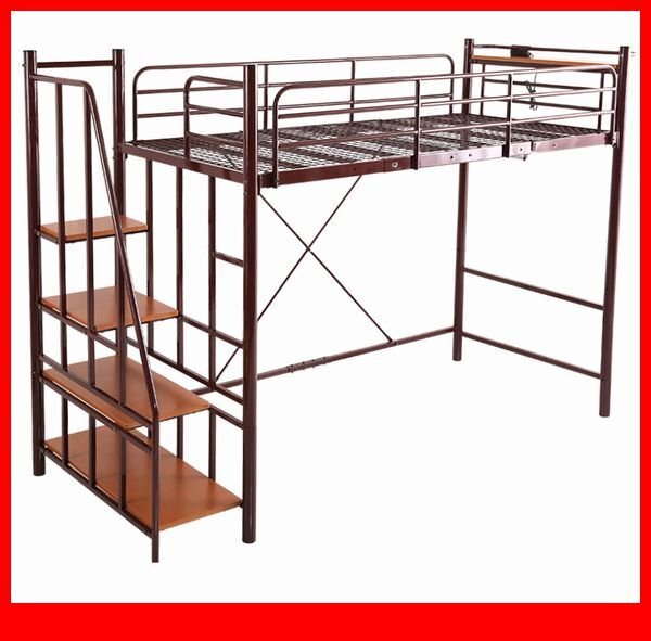 ロフトベッド★新品/大人かわいいインテリア 階段付き パイプロフトベッド/2段階高さ調整 ハイ ミドル 宮 コンセント付/ブラウン/a2拍卖