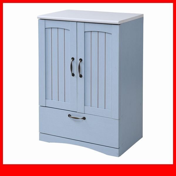 チェスト★フレンチカントリー/リビングキャビネット 木製キャビネット リビング収納 棚 ラック 姫系/引き出し 扉付き/青 白/ffca-0003/zz拍卖