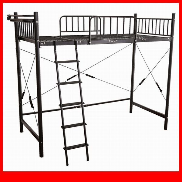 ロフトベッド★宮付きロフトベッド シングル/通気性の良いメッシュ床板 宮棚 2口コンセント付き/ハイ ミドル 2段階/ブラック/a1拍卖