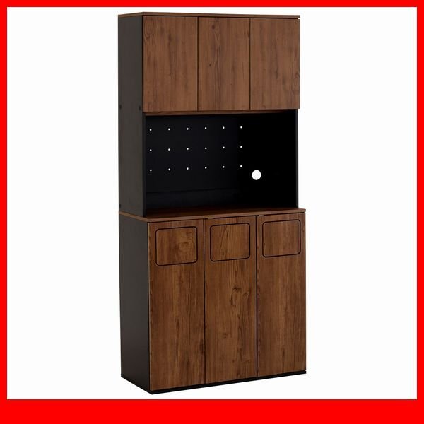 食器棚 家電収納庫★新品/ヴィンテージごみ箱一体型食器棚 ごみ箱3つタイプ/幅80cm コンセント付き 可動棚/木目調 ウォールナット/a3拍卖