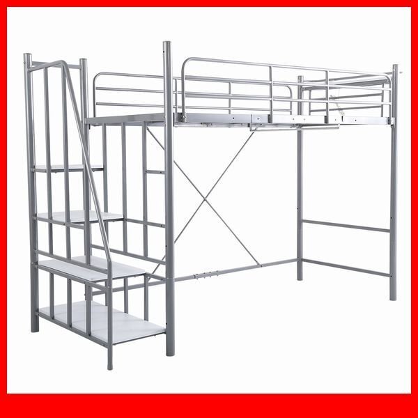 ロフトベッド★ヴィンテージ風 高さ調整可能 階段付きロフトベッド シングル/宮棚 コンセント ハンガーパイプ/ハイ ミドル/シルバー/a3拍卖