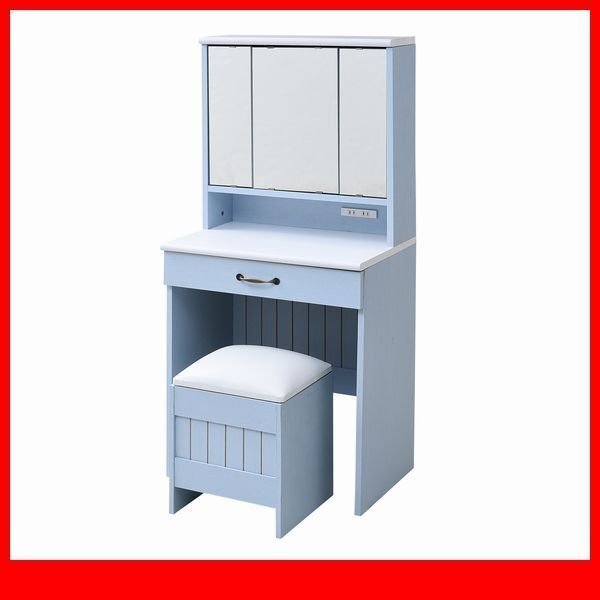 ドレッサー★フレンチカントリー/三面鏡 ドレッサー 鏡台/椅子 スツール付き/コンパクト 幅60cm/コンセント付き 姫系/青 白/ffca-0004/zz拍卖