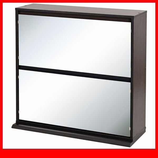 下駄箱★新品/薄型ミラーシューズラック/幅90cm 16足収納可能 2台連結可 お出かけ前 身だしなみチェック 鏡付フラップ扉/ダークブラウン/a1拍卖