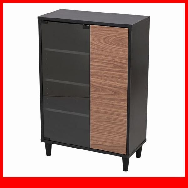 キャビネット★新品/Adatto ガラス&扉/本棚 食器棚 ディスプレイラック 多目的収納 可動棚/ブラック×ブラウン/a4拍卖