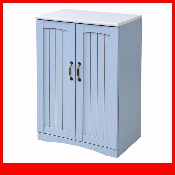 キャビネット★フレンチカントリー/リビングキャビネット 木製キャビネット リビング収納 棚 ラック 姫系/扉付き/青 白/ffca-0002/特価zz拍卖