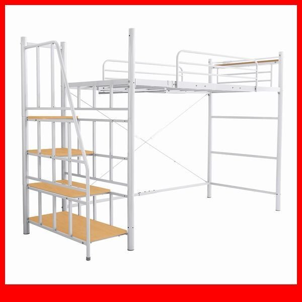 ベッド★階段付き ロフトベット シングル/宮棚 コンセント付き/ハイタイプミ ドルタイプ 高さ調整/極太パイプベッド/ホワイト/最安値/a1拍卖