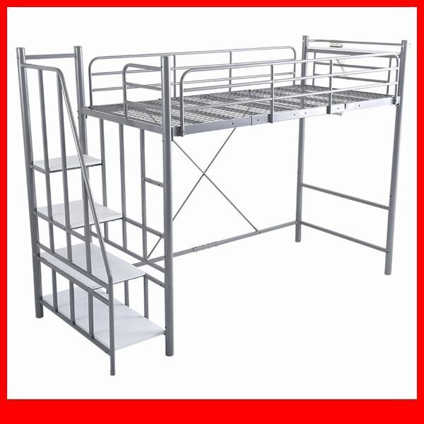 ロフトベッド★新品/大人かわいいインテリア 階段付き パイプロフトベッド/2段階高さ調整 ハイ ミドル 宮 コンセント付/シルバー/a5拍卖