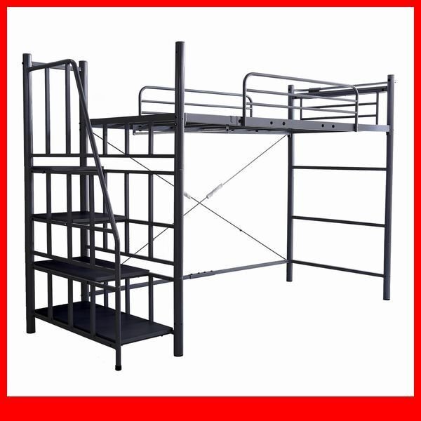 ベッド★階段付き ロフトベット シングル/宮棚 コンセント付き/ハイタイプミ ドルタイプ 高さ調整/極太パイプベッド/ブラック/特価 限定/a2拍卖