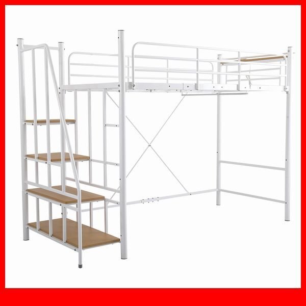 ロフトベッド★ヴィンテージ風 高さ調整可能 階段付きロフトベッド シングル/宮棚 コンセント ハンガーパイプ/ハイ ミドル/ホワイト/a4拍卖