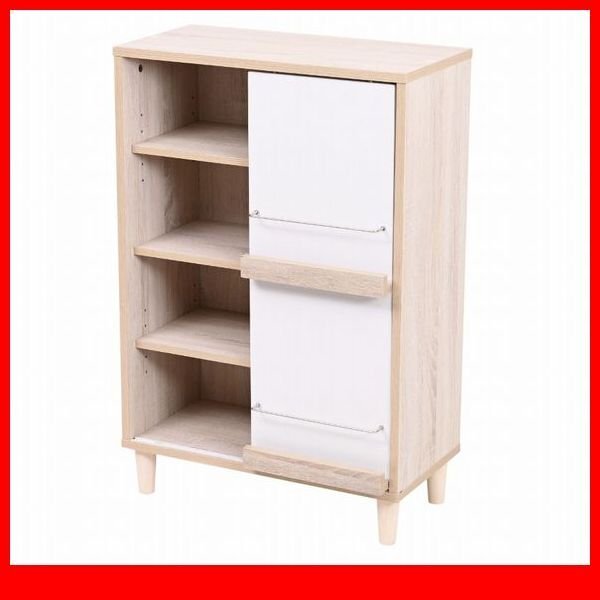 キャビネット★新品/Adatto スライド扉&オープン/本棚 ディスプレイラック 多目的収納 可動棚/ナチュラル×ホワイト/a5拍卖