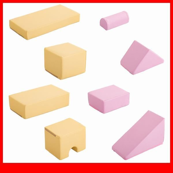 知育玩具★新品/積み木クッション 8個セット/出産 誕生日 入園祝い 保育園 病院 商業施設のキッズコーナー/合皮 完成品 日本製/黄 桃色/a3拍卖