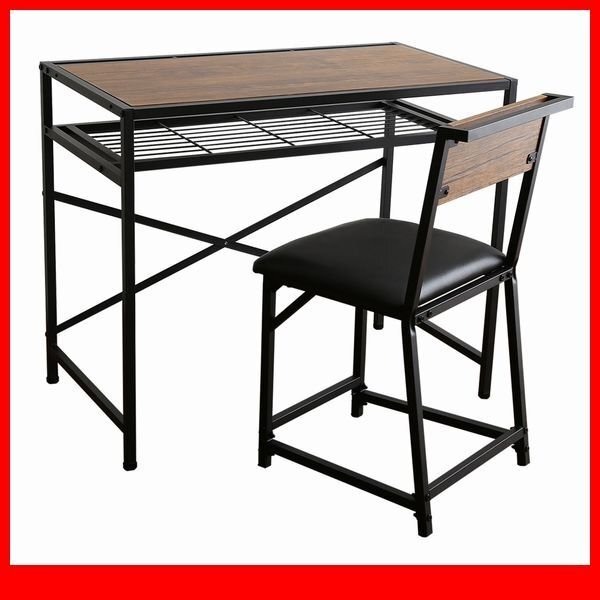 デスク★新品/ヴィンテージ風コンパクトデスク&チェア 2点セット/幅90cm コンパクト 収納棚付き 頑丈/ウォールナット/a3拍卖