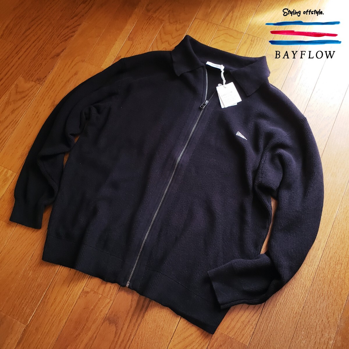 【新品】BAYFLOW Мサイズ ジップニットニット カーディガン ブラック ベイフロー ワンポイント 秋冬拍卖