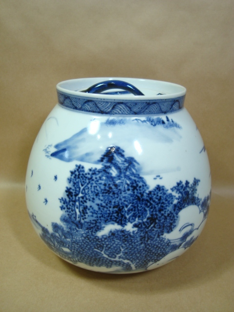 茶道具★膳所焼 淡海ぜぜ 陽炎園★近江八景 染付芋頭水指★箱なし拍卖