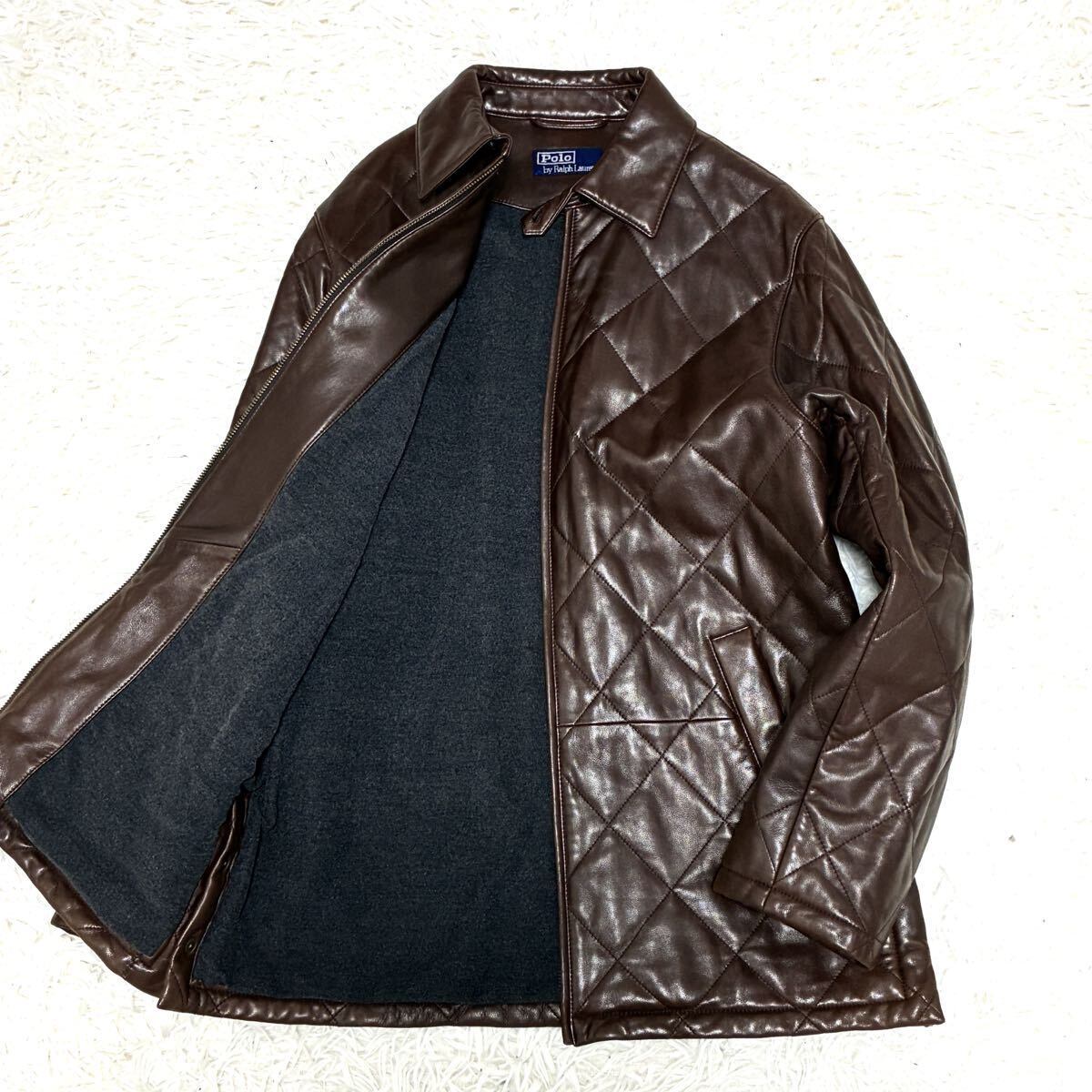 極美品 ポロラルフローレン メンズ レザージャケット キルティング 最高級 とろとろラム 定価約25万 ライダース ダークブラウン M〜L拍卖