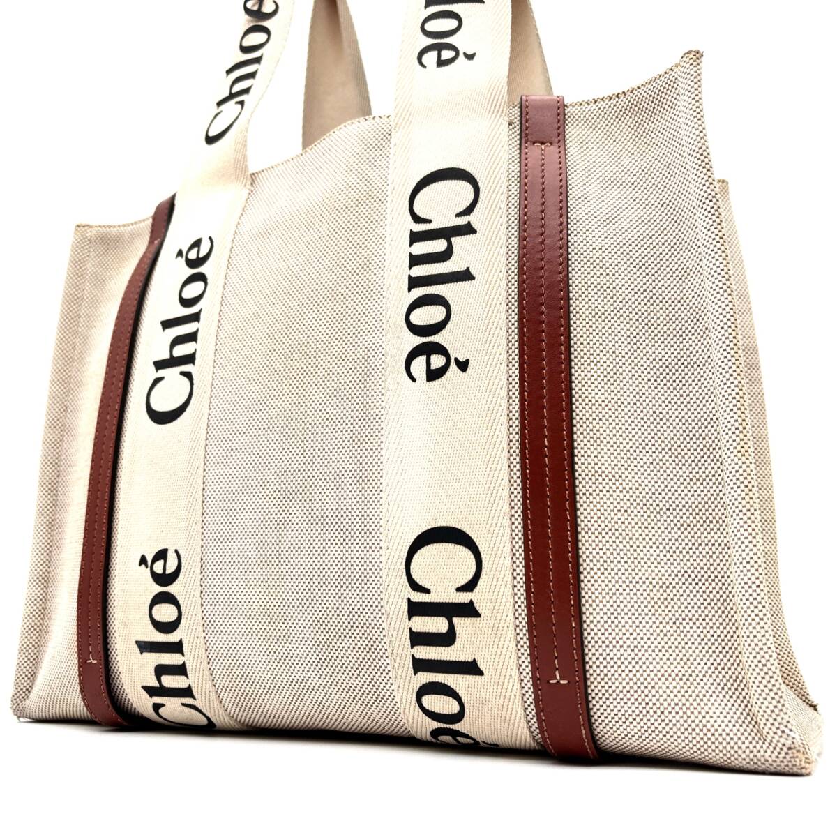 正規品 Chloe クロエ WOODY ウッディ トートバッグ ラージ キャンバス レザー レディース ビジネス ロゴ 自立 肩掛け A4 PC ショルダー拍卖