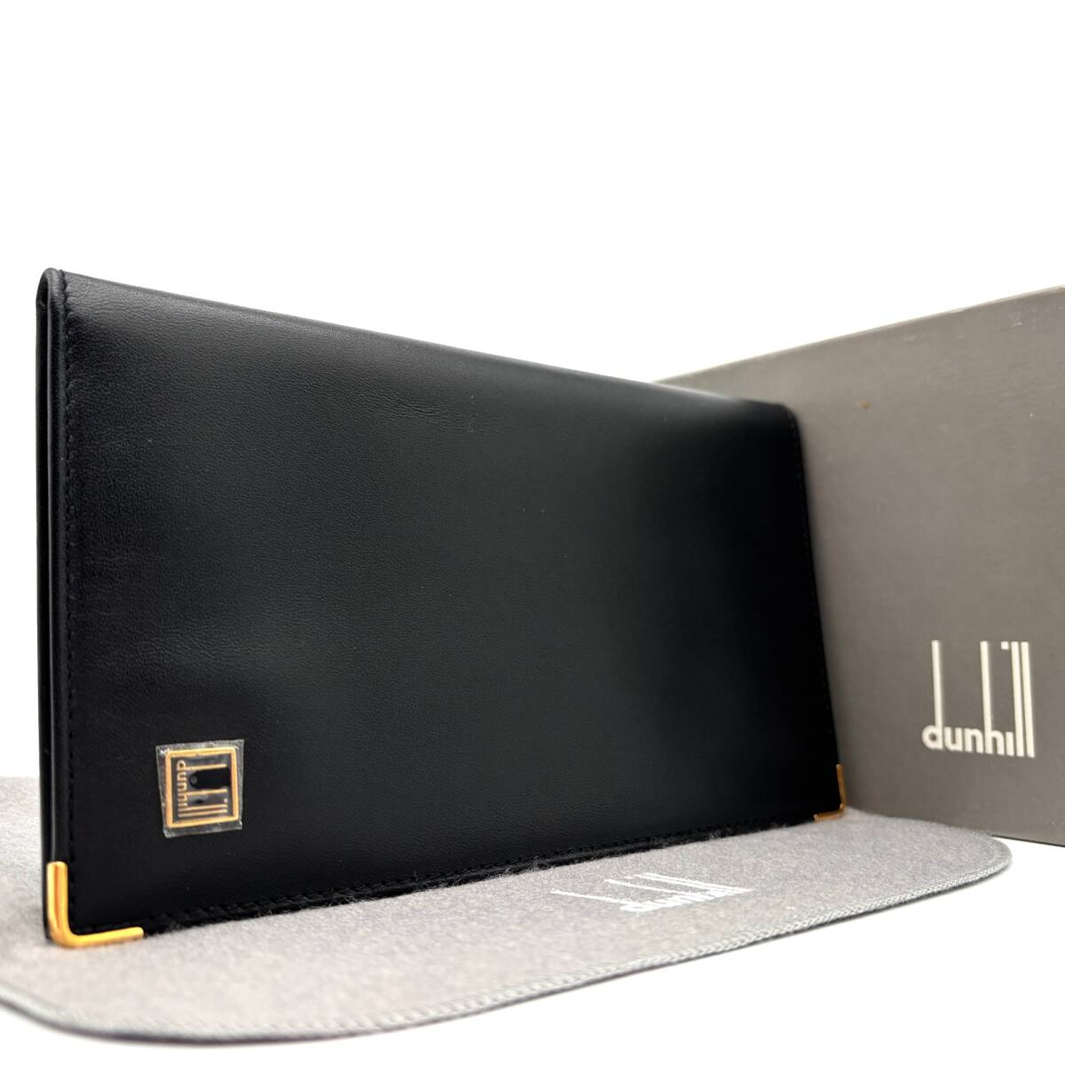 未使用保管品 箱付き dunhill ダンヒル 長財布 二つ折り 札入れ メンズ ビジネス ゴールド金具 ブラック 黒 レザー 紳士 高級 ロゴプリント拍卖