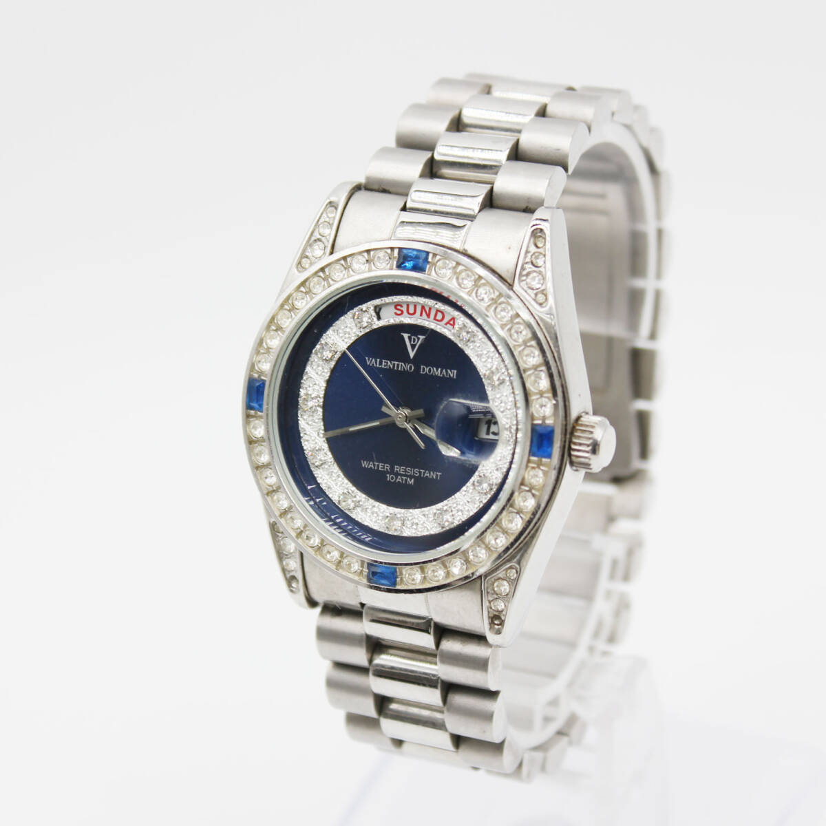 W251126-27 VALENTINO DOMANI バレンチノドマーニ VD-2007 レディース腕時計 クォーツ デイデイト ジャンク 文字盤ネイビー 石付 シルバー拍卖