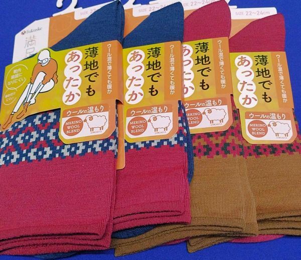 温b)4足)女22-24cm 柄)靴下ソックス★福助満足 薄地でもあったか 毛混 324522 口ゴムゆったり つま先 かかとゆったり フクスケ★送料込拍卖