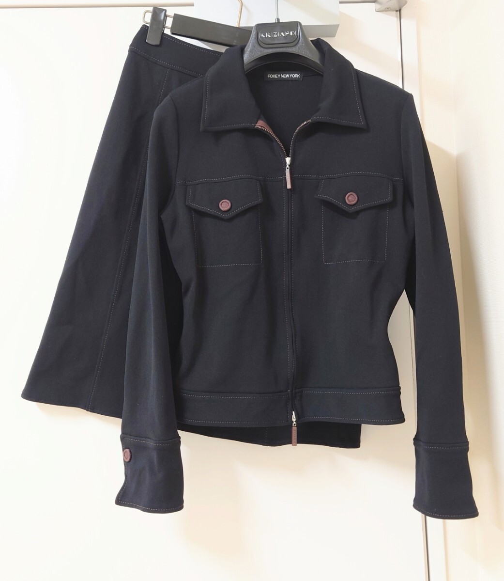 フォクシー ニューヨーク/ FOXEY NEW YORK ブラックブラウン ダブルジップジャケット Size40 セットアップ 台形スカート付属拍卖